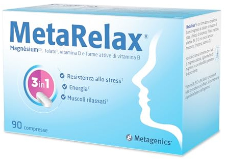 Metagenics MetaRelax - Integratore di Magnesio con Vitamine B6, B12, Folato e Taurina - Per Situazioni di Stress, Stanchezza e Tensione Muscolare - 90 Compresse