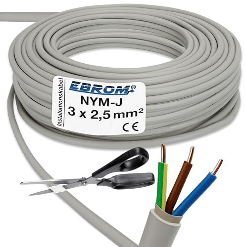 EBROM NYM-J 3 x 2,5 mm² – Cable de instalación – Cable de instalación – Cable para ambientes húmedos – Gris – Selección en incrementos de 1 metro – Se vende por metros exactamente – Su selección: