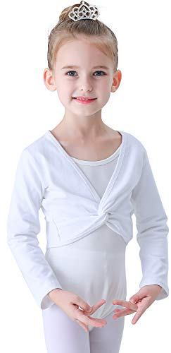 Soudittur Ballettjacke Mädchen Langarm Weichem Baumwollstoff Wärmende Ballettkleidung für Kinder (Weiß, 115-125)