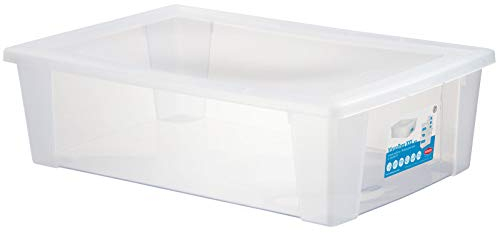 #11 Boîte de rangement plate sous lit transparente et empilable de 30 litres avec couvercle, 59x39x17 cm, idéale comme organiseur pour le bureau, la maison, la cuisine ou la chambre d'enfant