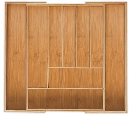 Relaxdays 10032171 Besteckkasten, Bambus, ausziehbar, Besteckeinsatz für Schubladen, 7 bis 9 Fächer, HBT 5x49, 5x44, 5 cm, Natur, MDF, Hellbraun