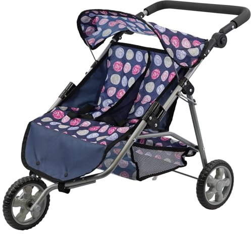 BiBi Doll 3 Wheeler Twin Dolls Pushchair - Double Seat Blue Pram with Adjustable Handle, Sun Canopy, Foldable Frame - Great for Sibling & Twin Dolls, Role Play Toys for Girls & Boys, Aged 3+