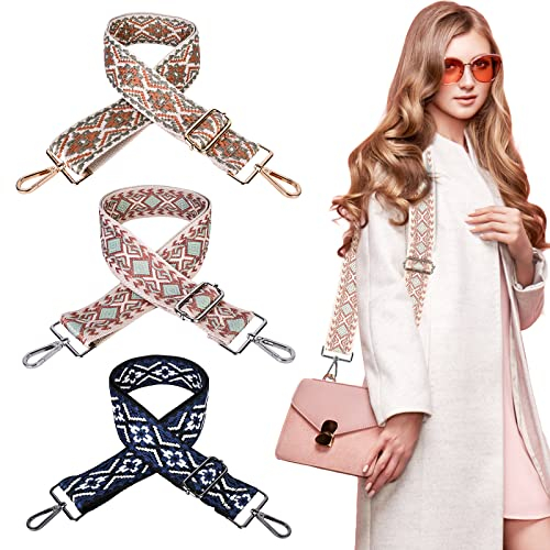 Boho Verstellbarer Schulterriemen, 3 Stück 5 cm Muster Taschengurt mit Karabiner, Stilvoller Crossover Gurt 75-145cm