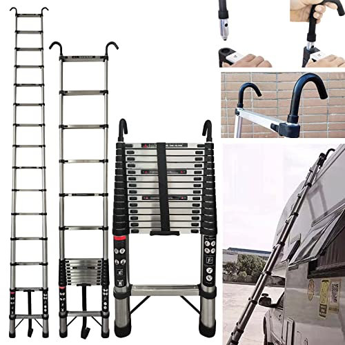 7Sevenjokers 14.4FT 4.4M Telescoping Ladder Stainless Steel Extendable Foldable Retractable Portable 14 Steps Telescopic Extension Hook, Compact Loft Roof Work, Home Daily Housework, Silver