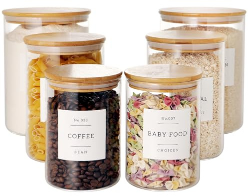 CZZGSM Set of 6 Glass Flour and Sugar jars with 132 Kitchen Pantry Labels - Thicken Large Glass Storage containers with Airtight Bamboo Lid - Rice Canisters for Salt Coffee - 100OZ/54OZ/27OZ
