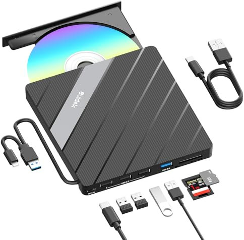 SUIDEK Externes CD DVD Laufwerk für Laptop, tragbarer CD/DVD +/-RW Brenner, CD-Player, 8-in-1, USB 3.0&USB-C-Hub mit SD-/Micro-SD-Kartenleser, kompatibel mit Laptop, PC, Windows, Linux