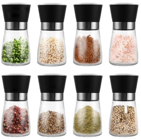 FWEEK Set di 8 macinini per sale e pepe, macinino per spezie con macinino manuale regolabile in ceramica, 13,5X6,4cm Set di macinini per spezie trasparenti per varie spezie