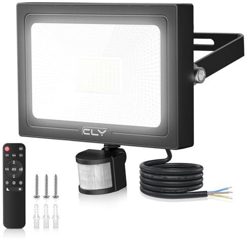 CLY Foco Led con Sensor de Movimiento 60W, 5640LM Focos LED Exterior con Control Remoto 4 Modos 10 Brillo Luz Exterior Sensor de Movimiento 6500K Blanco Frío Proyector LED de exterior Impermeable IP66