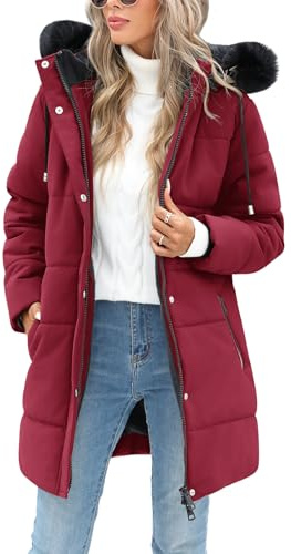 RITOSTA Abrigos Mujer Invierno Parkas Larga Plumifero Plumon Forro Polar Chaqueta Acolchada con Cremallera Sudadera con Capucha Desmontable de Piel Artificial para Deportes al Aire Libre (Rojo,L)