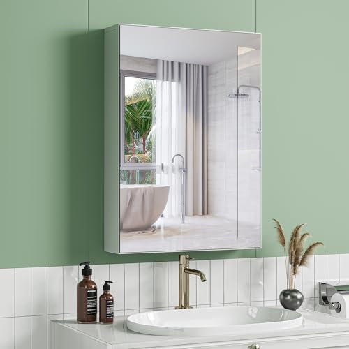 Dripex Single Door Bathroom Mirror Cabinet, Wall Mounted Storage Cupboard with Mirror, Cabinet with Adjustable Shelf, White (50 x 70 x 12 cm)