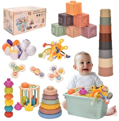 Majabike Baby Toys,7 in-1 Montessoriii Sensory Toys for Toddlers,Stacking Baby Blocks, Stacking Blocks Rings, Matching Eggs, Suction Cup Spinner,Stacking Cups, for Toddler Gift