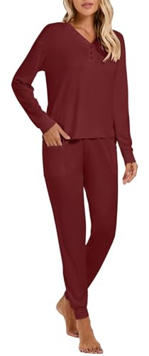 Famulily Pyjama 2 pièces à manches longues pour femme - Haut de pyjama boutonné et pantalon de jogging - Tailles S à XXL, bordeaux, M