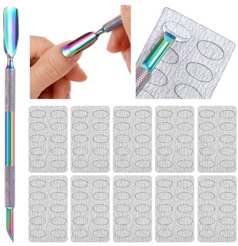 Nogeqi 1 Pc Doppelkopf Nagelhautschieber Metall, Nagelschieber Edelstahl, Cuticle Remover Pusher, Nagelhaut Entferner Nagelhautfeile Mit 10pc Selbstklebend Schleifpapier (Bunt)