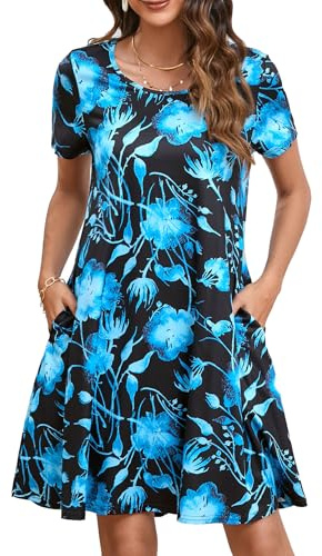 Enmain Abito Estivo Donna a Maniche Corte T-Shirt Vestiti con Tasche Casual Boho Lunghezza al Ginocchio Abito Donna, Floreale Blu Scuro, 2XL