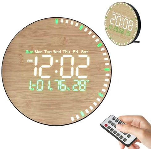 GOMETY Reloj de pared digital con efecto madera, 26,7 cm, con mando a distancia, 24/12 horas, hora, fecha, temperatura y humedad, para oficina, escuela, gimnasio, garaje