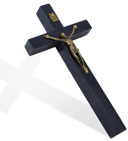 DICOSMETIC Piccola croce da parete in legno 15,1 x 8 x 2,2 cm, croce in legno nero con crocifisso di Gesù San Benedetto crocifisso cattolico per parete religiosa regalo di Natale pasquale per casa e