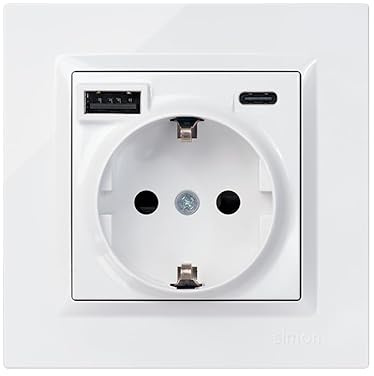 SIMON – Enchufe de Empotrar Schuko + 2 Puertos USB A+C (10,5W), Serie Simon 10, 250V, 16A, Enchufe de Pared con Carga Adicional, Incluye Marco, Tapa y Mecanismo, Color Blanco