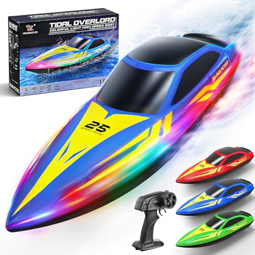 RC Boat with 7-Mode Colorful LED Lights,10 Inch Remote Control Boat,15KM/H High Speed,2.4GHz,3 Speed Modes,2 Rechargeable Batteries,Auto Flip Recovery,Pool & Lake Racing Gifts for Kids & Adults.—BLUE