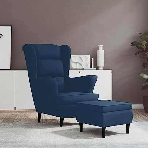 Ordellia Öronfåtölj med pall, blå sammet, bekväm relaxfåtölj för vardagsrum, sovrum och läsrum, mysig sittplats för vuxna