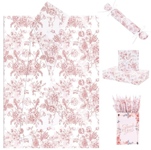 Larcenciel Papel de Seda con Diseño Floral Rojo, Papel Seda para Rojo para Rellenar Bolsas de Regalo, Embalaje Regalo Artístico para Boda, Cumpleaño, Fiesta, Manualidade, 60 Hojas 50x35 CM