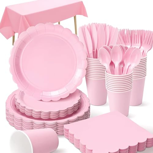 Defresit 211 Pcs Pink Paper Plates and Napkins,Cups, Pink Party Supplies Including Tablecloth Plates Cups Napkins for Baby Shower Birthday Wedding Party