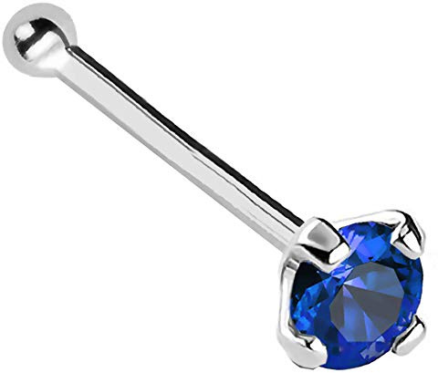 Jewelry Avalanche 22G Solid 14Kt Gold Nose Bone Stud with Prong Set real Blue Sapphire Gemstone, 14kt Yellow Gold or 14kt White Gold - September Birthstone Nose Ring-NBWG_SP-2.5MM