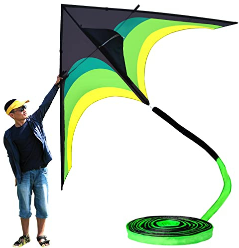 Flying Hoofer Giant Kite for Adults Easy to Fly, 9ft Huge Delta Kite Come with 98ft Tail (Black and Green).