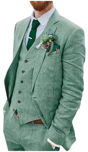 Botong Traje de boda de lino de 3 piezas para hombre, dos botones, esmoquin para novio, traje de playa con un solo botonadura, traje de negocios, verde, 50