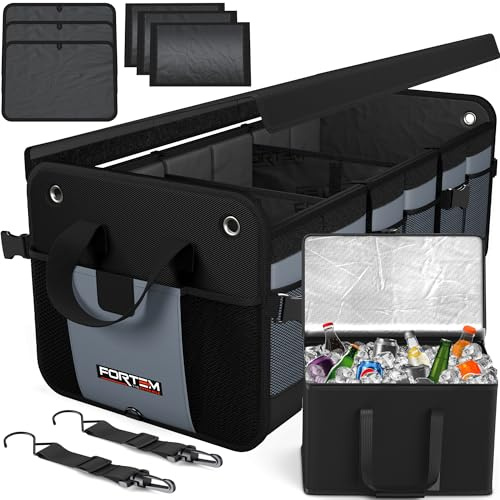 FORTEM Car Boot Organiser - Collapsible Car Organiser & Cooler Bag for SUVs | Car Accessories for Men & Women, Cooler Bag, Non Slip Bottom, Straps, Soft Cover, 1680D Oxford, 6 Compartments, Grey, 110L