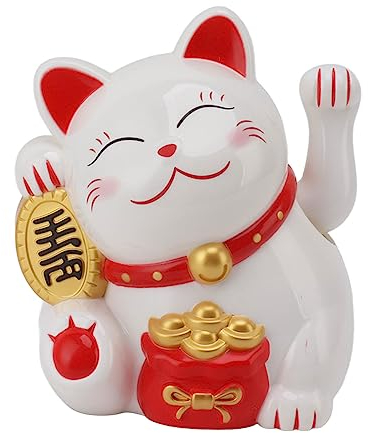 Gato de la Suerte, 5.5 Pulgadas Gato de la Suerte con Brazo, Funciona con Bateria Gato de la Suerte Decoracion Simbolo de Fortuna Dinero y Buena Suerte Fengshui Gato de la Suerte (MLY11020-1 Blanco)