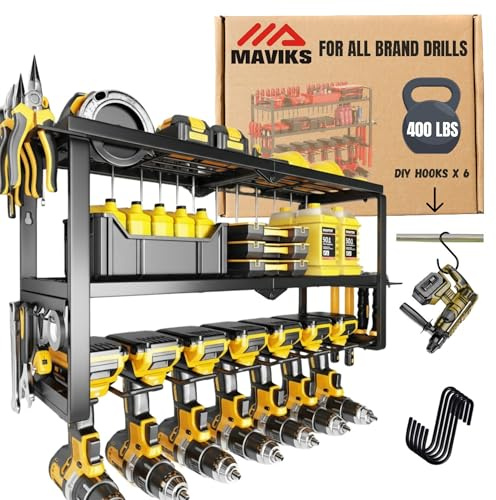 MAVIKS 3 Shelf 7 Drill Holder Power Tool Organizer Wall Mount, Tool Storage Rack for Garage, Pegboard, Workshop walls | Compatible for all type of Cordless Power tools Comes With J hooks for Cords