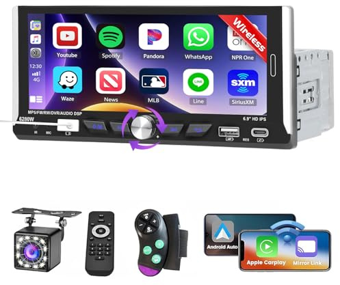 1 DIN FM Pantalla Táctil Autorradio con Wireless Carplay Android Auto