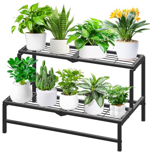KHayRovies 2 Stufiger Metall Pflanzenständer Blumentreppe, Blumenregal Pflanzenständer Pflanzenregal, Pflanzentreppe Pflanzentöpfe für Innen Außen Balkon Wohnzimmer (Schwarz)