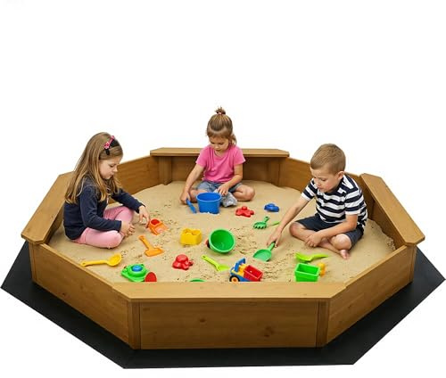 RUNSHED 68x68x8.4 Kid's Octagonal Wooden Outdoor Sandbox,Large Natural Wooden Sandpit with 4 Benches, Bottom Liner,Sand Box for Backyard, Patio, Outdoor Play Sand Box for Kids Ages 4-8