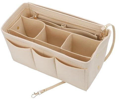 Väskorganisatör, väska organisatör av filt, innerficka för väskor, med 12 fack, avtagbar, invändig organisatör för handväskor (27 x 15 x 16 cm, beige)