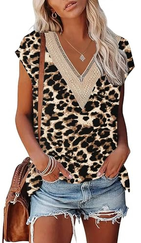 PLOKNRD Casual Ladies White T-Shirt Lace V Neck Short Sleeve Top for Women Summer Loose Plain Basic Top Black Leopard XXL