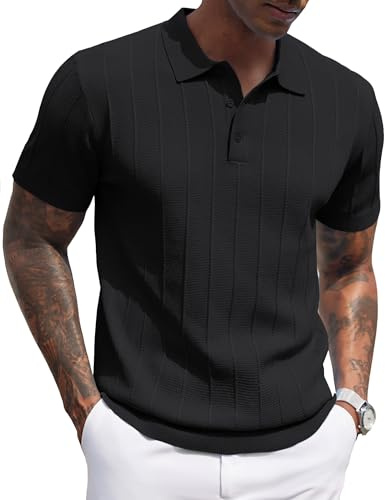 COOFANDY Polo Hombre Adulto Manga Corta Botones Diseñador Ajuste Regular Verano Playa Tejido Negro XL