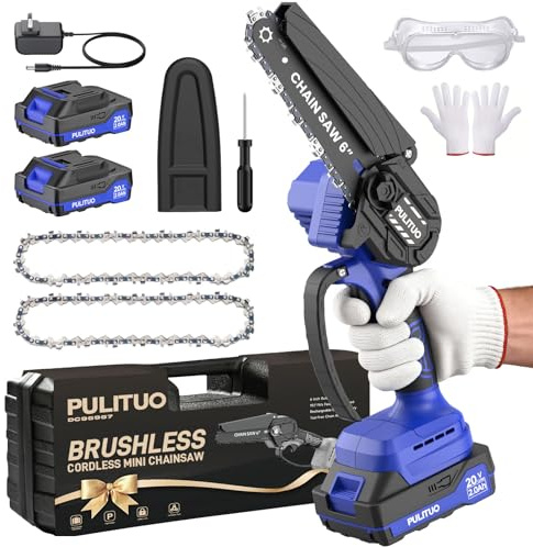 PULITUO Mini Motosierra Sin Cable 6 Pulgadas Motor Brushless, Incluye 2 Baterías 2.0Ah y 2 Cadenas, Ideal para Poda de Árboles y Trabajos de Jardinería