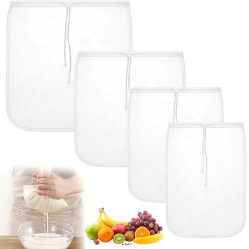 4 Pcs Nut Milk Bag, 4 Sizes Nylon Cheese Cloth Bag for Straining, Strong Fine Mesh Strainer Bags with Drawstring, Reusable Nut Bags for Cold Brew Coffee Tea Beer Yogurt