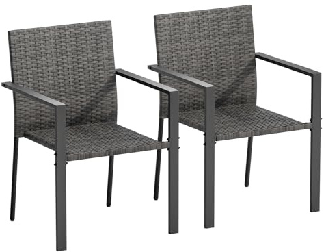 Amopatio Gartenstühle Stapelbar 2er Set, Polyrattan Stapelstuhl Garten mit Armlehnen, Stabiler Stahlrahmen, Wetterfest Rattansessel - Rattan Balkonstühle für Balkon, Terrasse, Grau