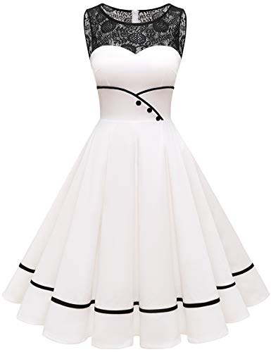 Bbonlinedress Robe de Soirée Cocktail Vintage Femme Années 50s 60s Style Audrey Hepburn pour Fête Mariage Bal Promo Baptême Gala Ligne A Pin Up Ivory M