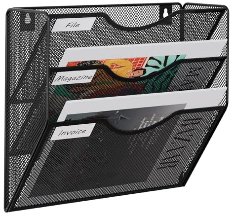 EasyPAG Metal 3 Tier A4 Wall Mounted Document Holder,Hanging Wall File Organiser,Pigeon Holes Storage,Wall Pocket,Filing Tray,Magazine Rack for Office & Home,Black
