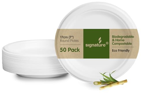 Signature Packaging - Paper Plates 50 Pack - Party Plates - Biodegradable Disposable Plates - Sturdy & Round 17cm
