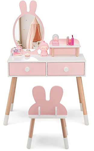 COSTWAY Toeletta Trucco 2 in 1 per Bambina, Specchiera a Forma di Coniglio Staccabile per Ragazza in Legno con Sgabello, Ripiano e 2 Cassetti, Postazione Trucco, 78 x 37 x 110cm (Rosa)