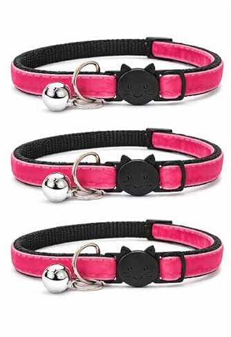 Velvet Cat Collars with Bell. Safe Breakaway Quick Release Buckle. Available in Cat & Kitten Size (Pack of 3) (Cat Collar (20cm - 30cm), Rose Velvet (Pack of 3))