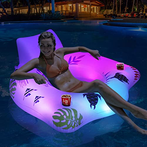 LanBlu Aufblasbarer Pool Luftmatratze Schwimmsessel mit Farbe Wechselnden Licht, Solarbetriebene Luftmatratze Wasser Pool Erwachsene Sofa mit 2 Becherhalter, Luftmatratzen Pools für Erwachsene Kinder