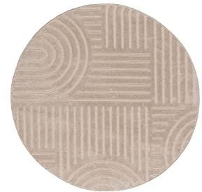 Kurzflor Teppich, Rund, Wohnzimmer, Boho Geometrisch - Beige - Ø160 cm (rund) - Moderner Superweicher Teppich