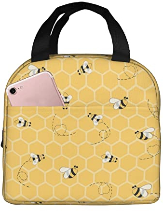 XVBCDFG Bolsa de almuerzo Panal Animal Abeja Aislado con compartimentos Reutilizable Impresiones lindas Asa de asa Caja de almuerzo portátil para mujeres Hom