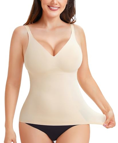 LODAY Compression Tank Tops for Women Tummy Control Shapewear Seamless Body Shaper Workout V-Neck Camisole Cami Tops(Beige, Medium)