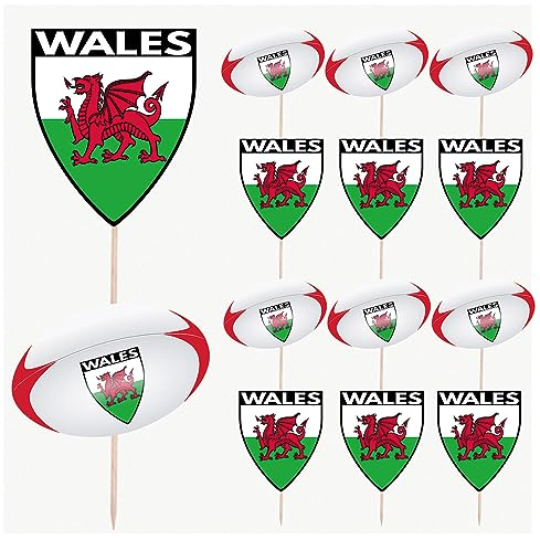 AK Giftshop Wales Flag Rugby Ball Food & Cupcake Picks Toppers Party Decorations, World Cup, Six Nations (14 Pack)